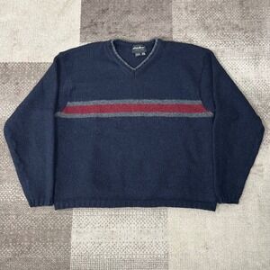 Eddie Bauer Mens XL Wool Blend V-Neck Sweater Navy Blue Striped Made in USA
